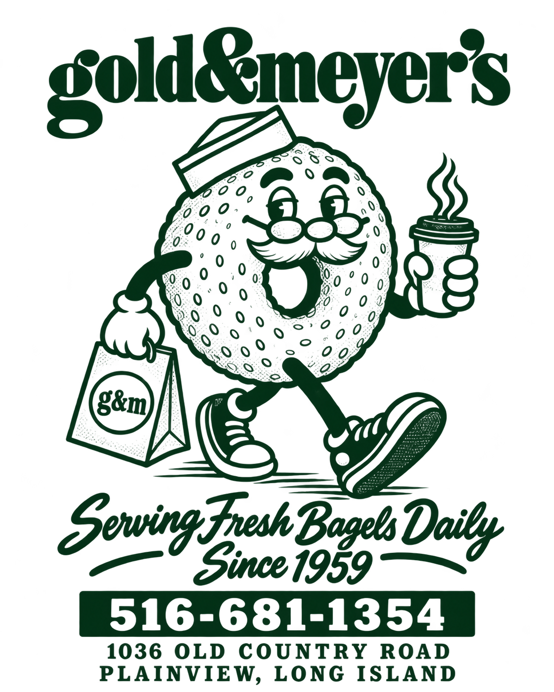 Compact forest-green Goldy deli back artwork with the Gold & Meyers wordmark, Serving Fresh Bagels Daily Since 1959, Plainview address and phone number