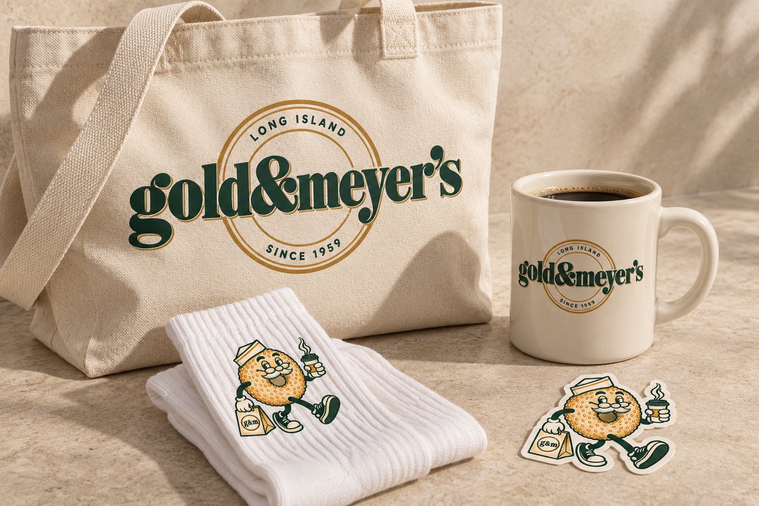 Product mockup of a Gold & Meyer’s logo tote and coffee mug with Goldy socks and a die-cut sticker